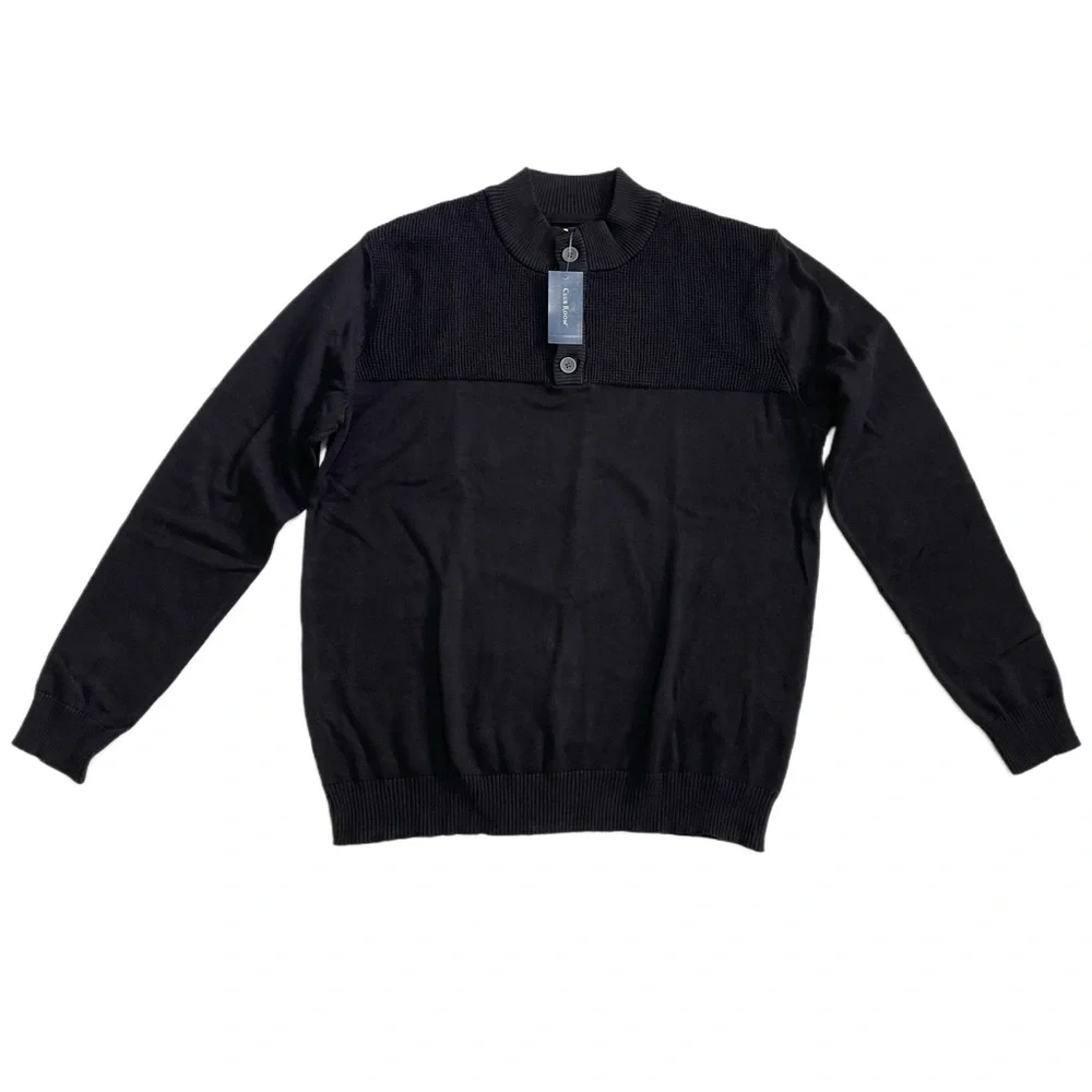 Club Room Mens Button Mock Neck Sweater Size L Deep Black - Picture 2 of 10
